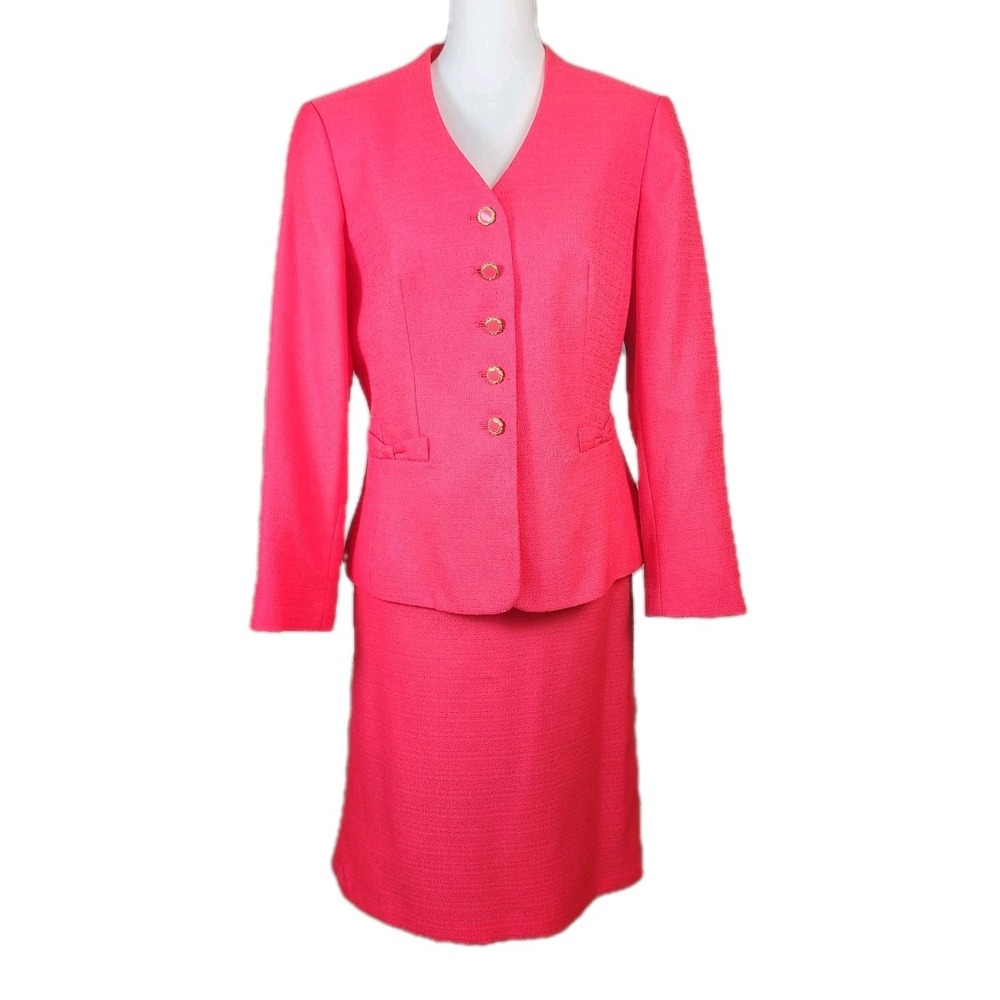 John Meyer 2pc Skirt Suit Womens 10 Salmon Pink Gold Buttons Career Office Work